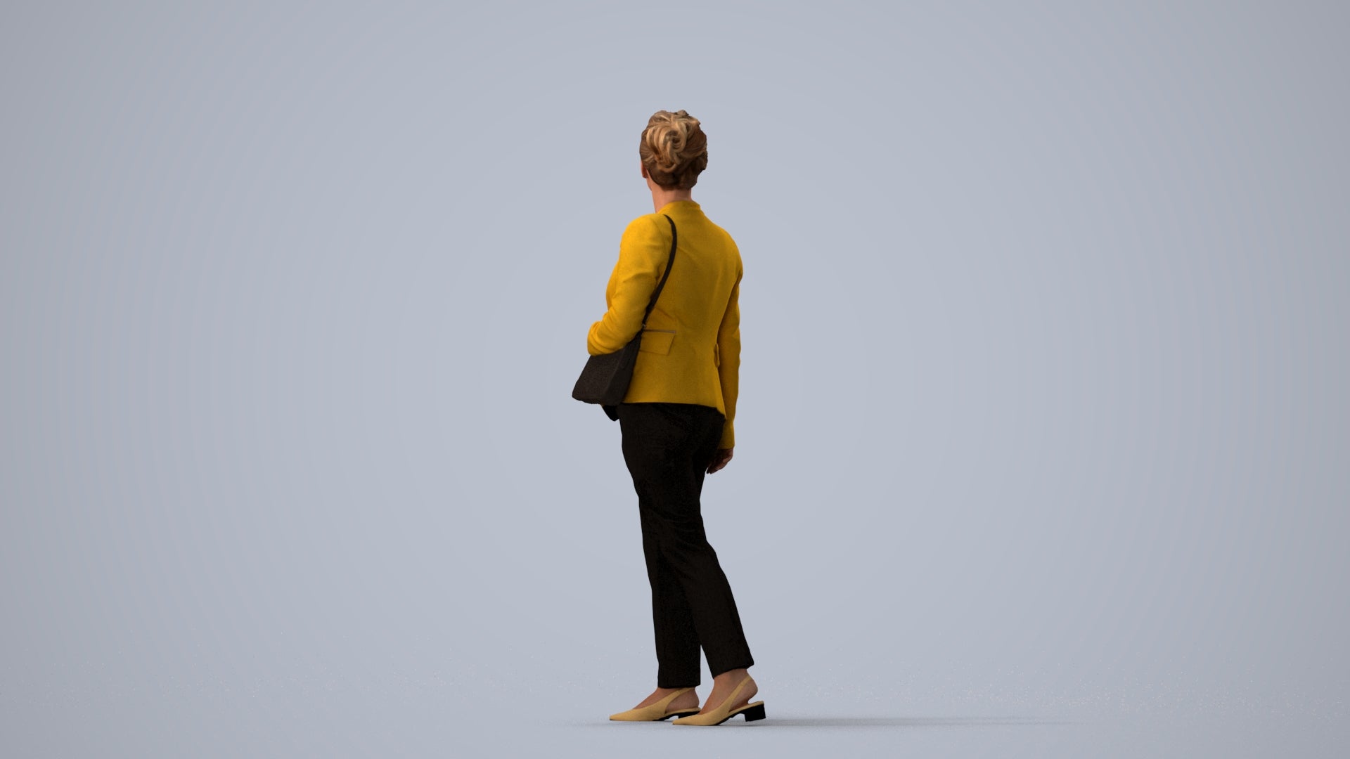 3D human model woman business walking, photogrammetry scanned person for archviz, three-quarter view render