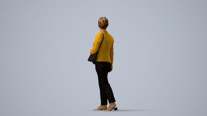 3D human model woman business walking, photogrammetry scanned person for archviz, three-quarter view render