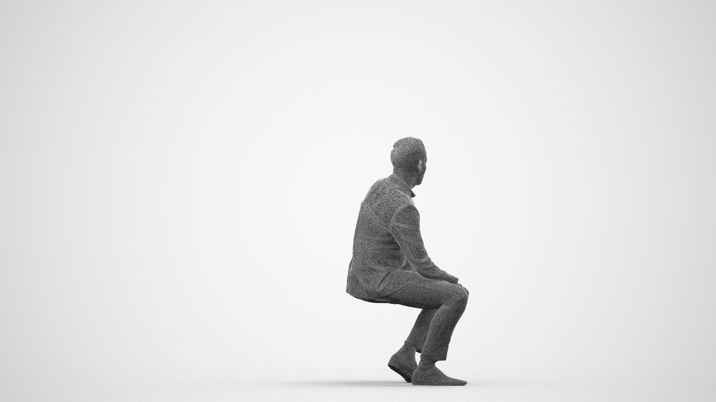 realistic 3D man formal sitting, scanned archviz people for Blender and 3ds Max, wireframe side view