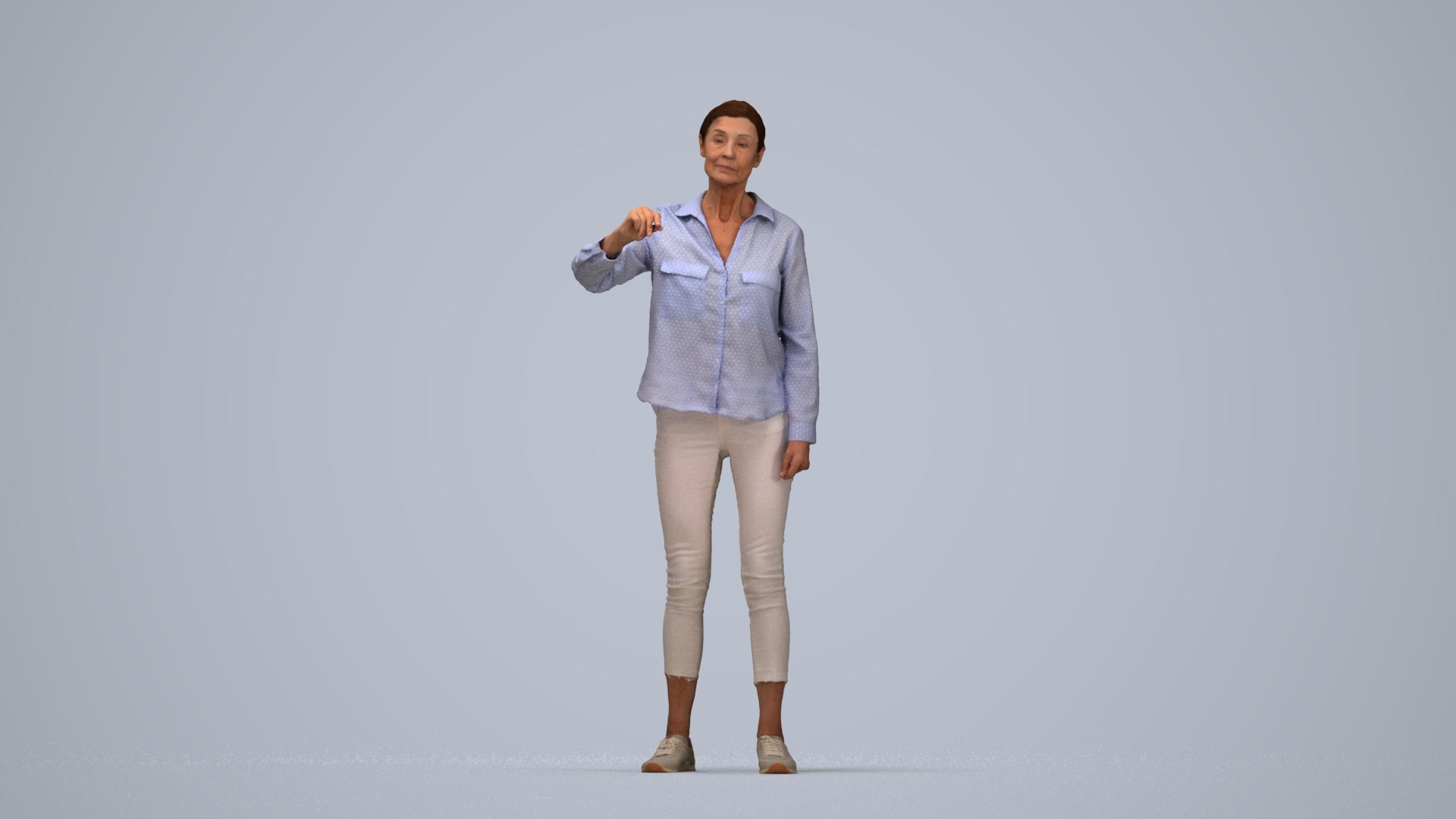 3D scanned senior woman standing casual, photorealistic archviz people for Enscape and SketchUp, top-down view render