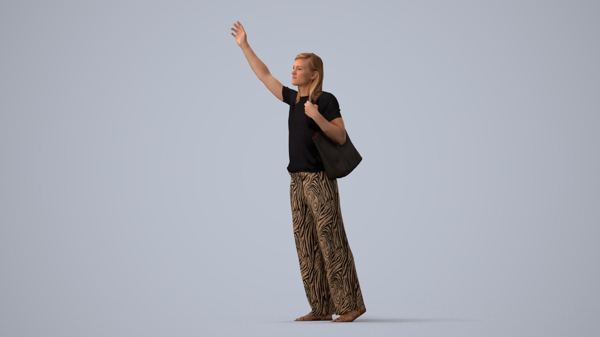 3D scanned woman standing casual, photorealistic archviz people for Enscape and SketchUp, three-quarter view render