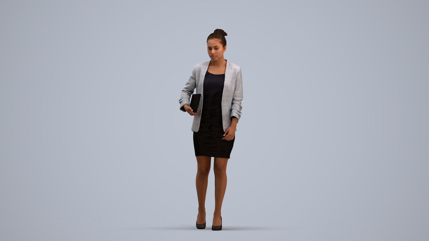 3D human model woman business, photogrammetry scanned person for archviz, standing pose render