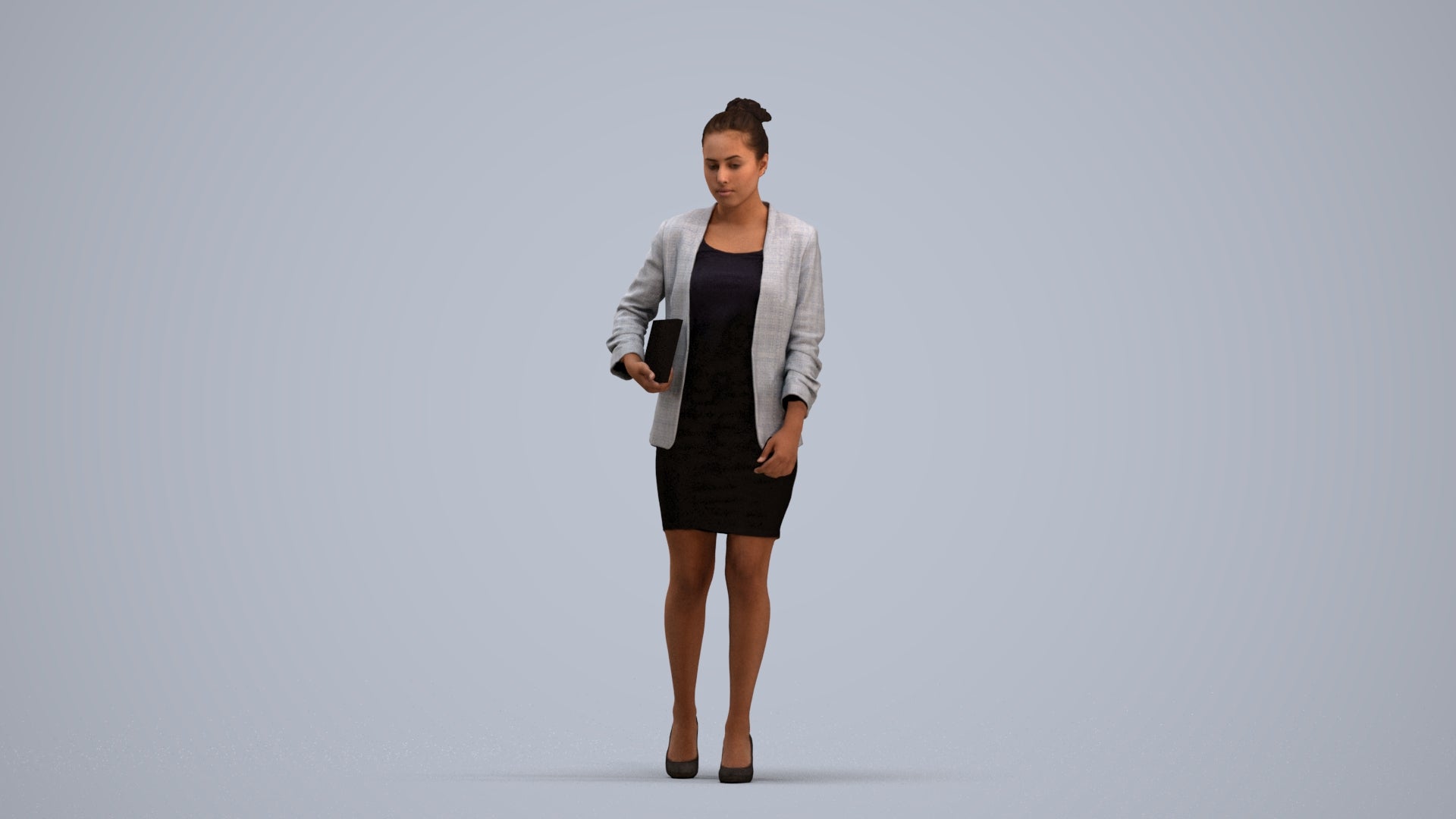 3D human model woman business, photogrammetry scanned person for archviz, standing pose render