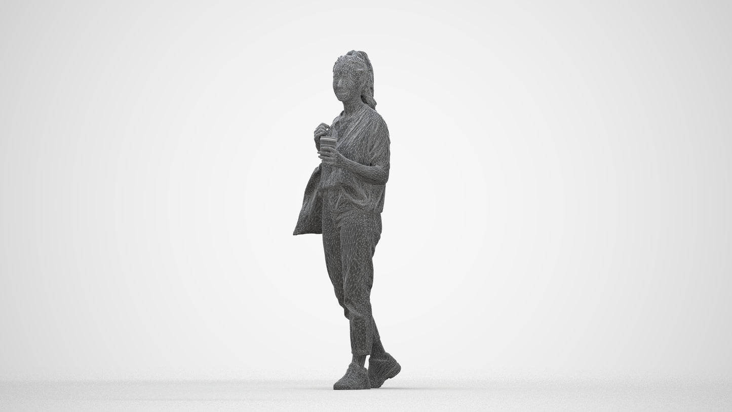 scanned 3D woman casual walking, photogrammetry people for Enscape and V-Ray, wireframe back view