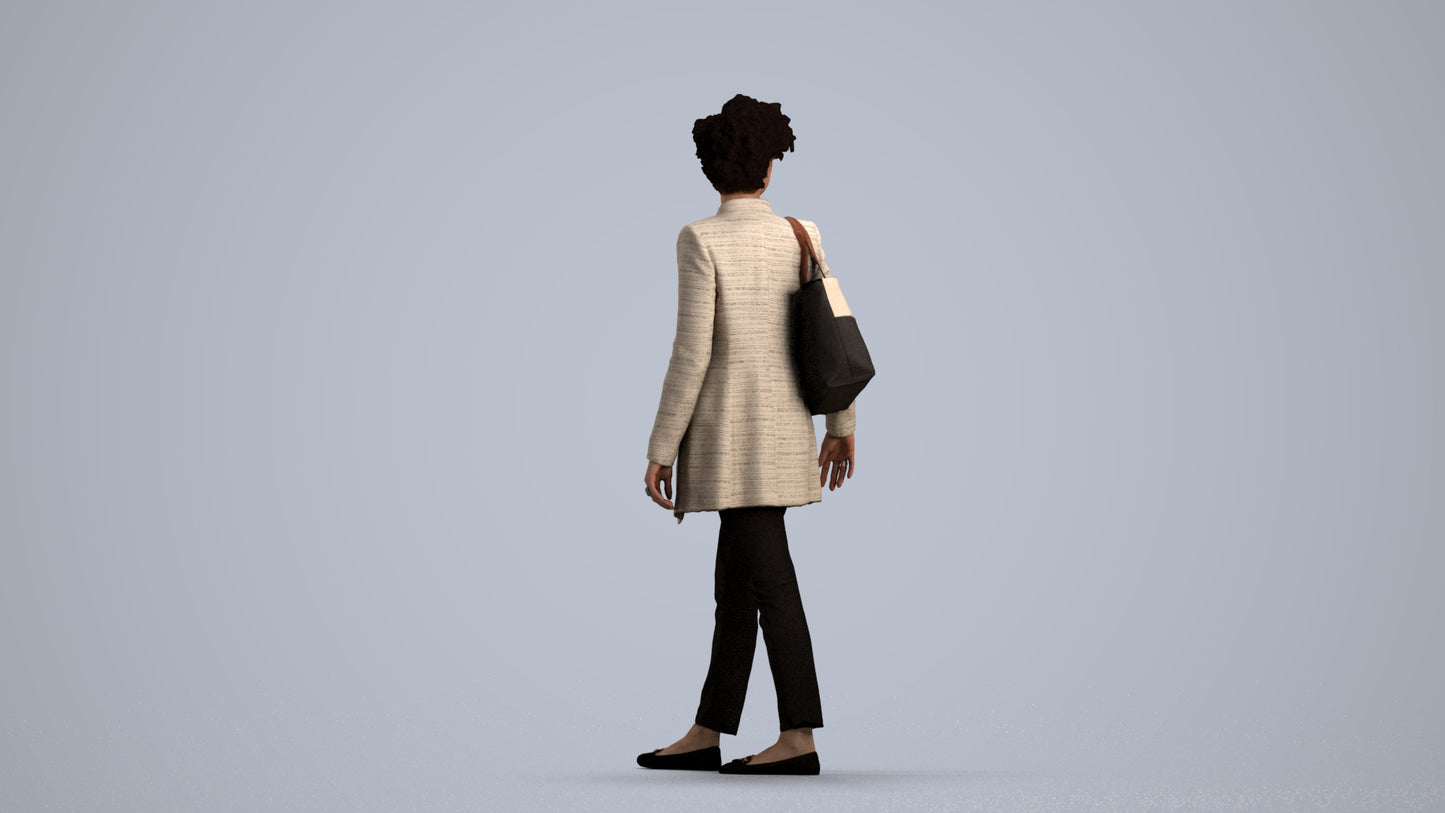 3D human model woman business walking, photogrammetry scanned person for archviz, front view render