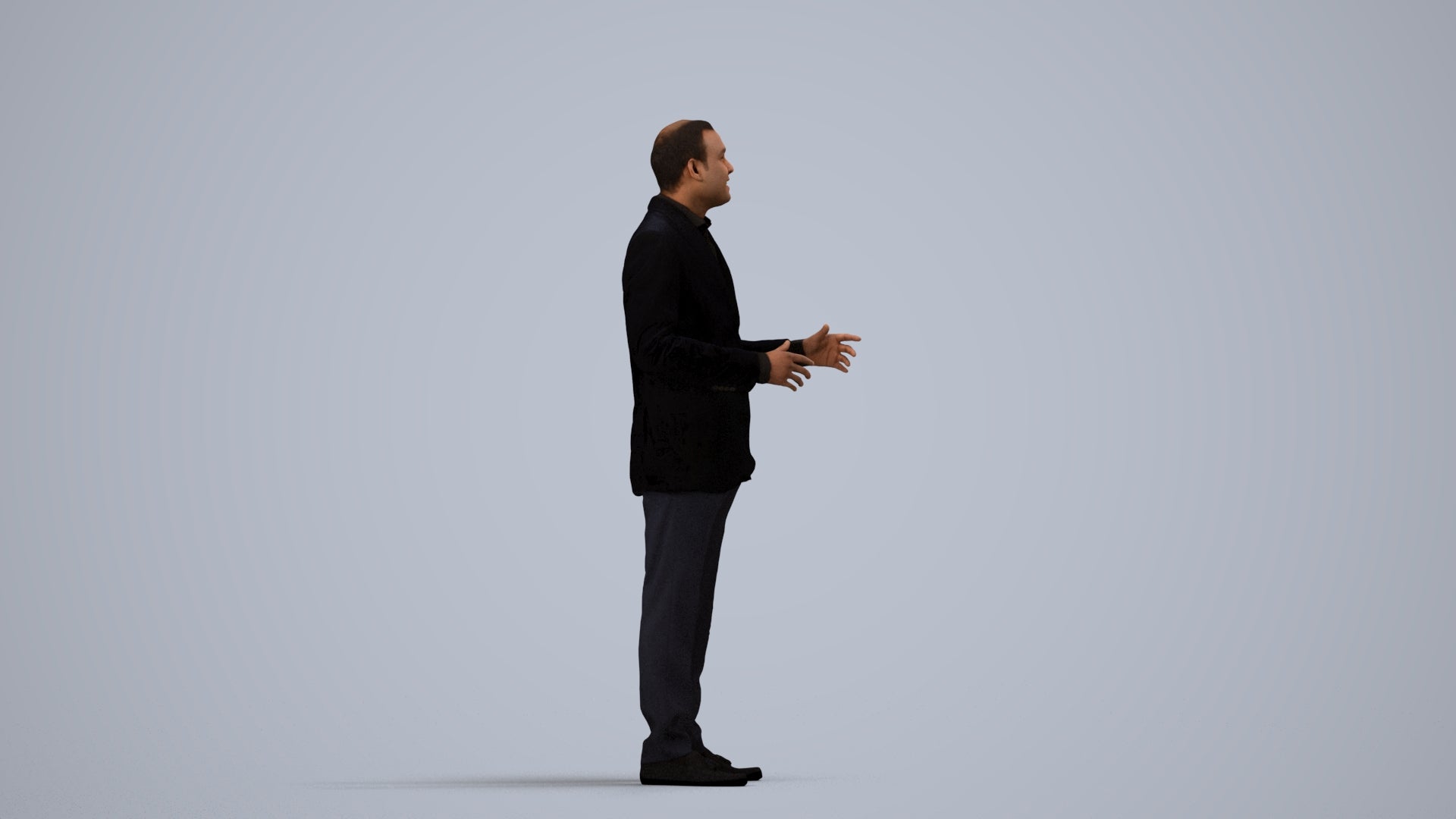 3D scanned man standing formal, photorealistic archviz people for Enscape and SketchUp, side view render
