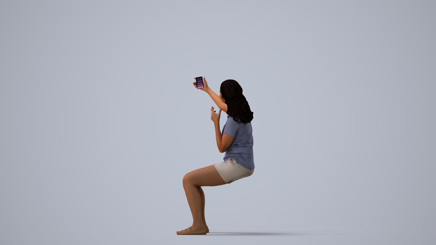 scanned 3D woman casual sitting, photogrammetry people for Enscape and V-Ray, three-quarter view render