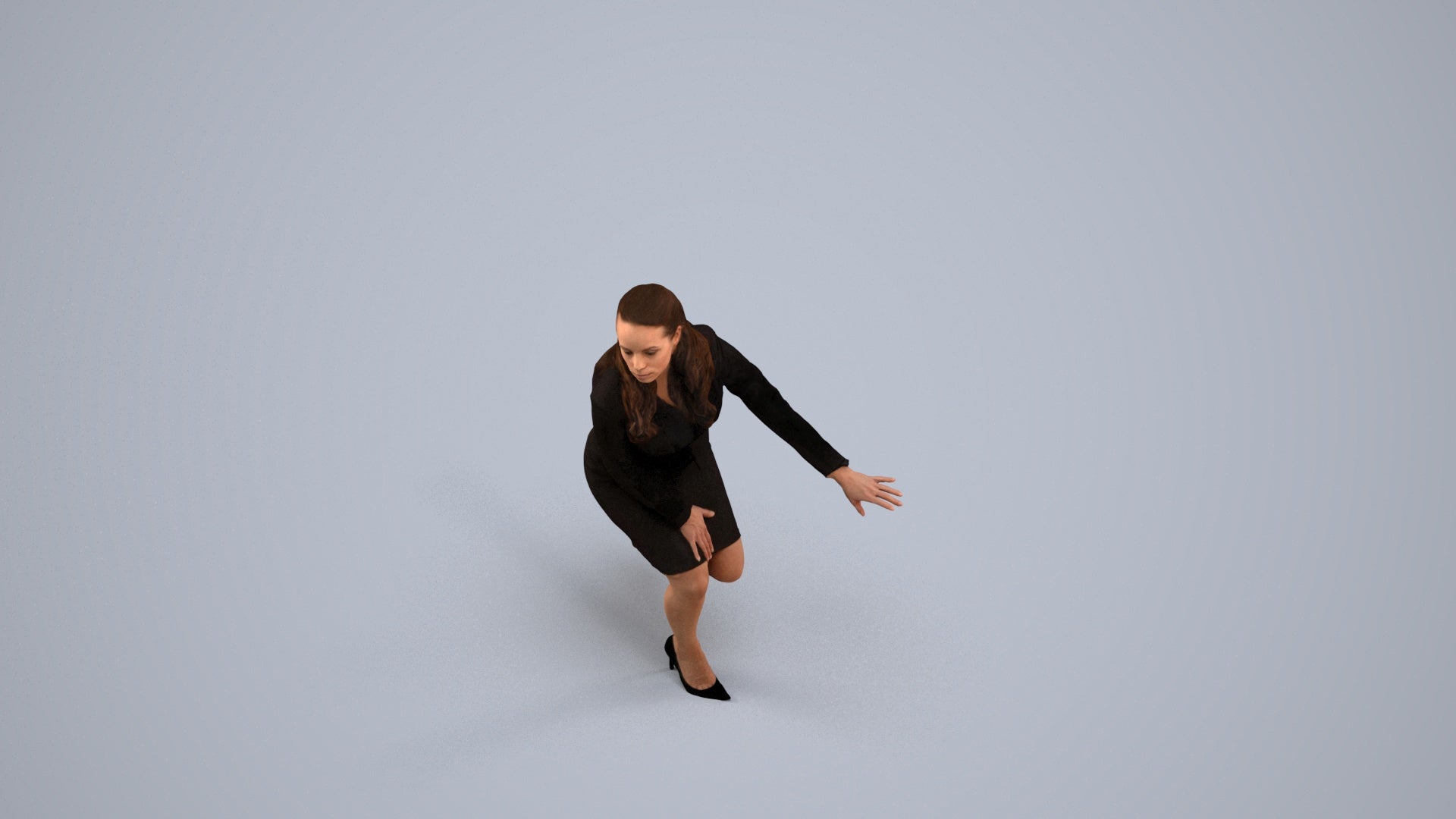 3D human model woman business sitting, photogrammetry scanned person for archviz, back view render