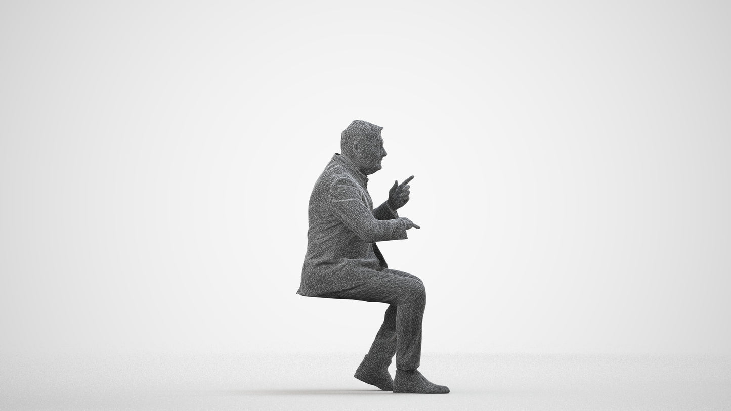 3D human model man business, photogrammetry scanned person for archviz, wireframe side view