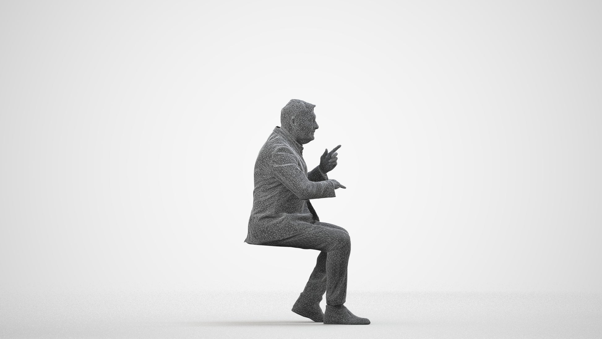 3D human model man business, photogrammetry scanned person for archviz, wireframe side view