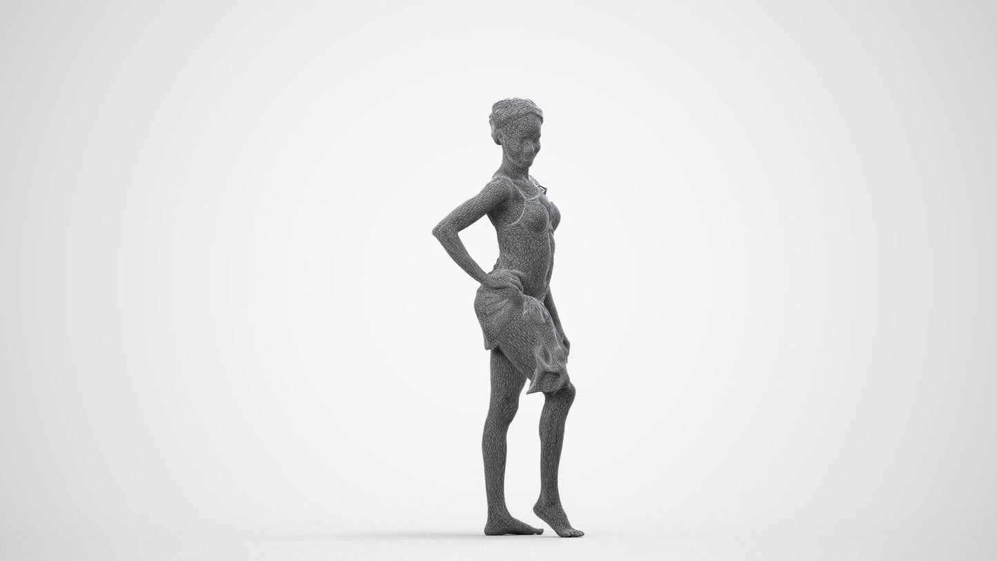 3D human model woman pool, photogrammetry scanned person for archviz, wireframe side view