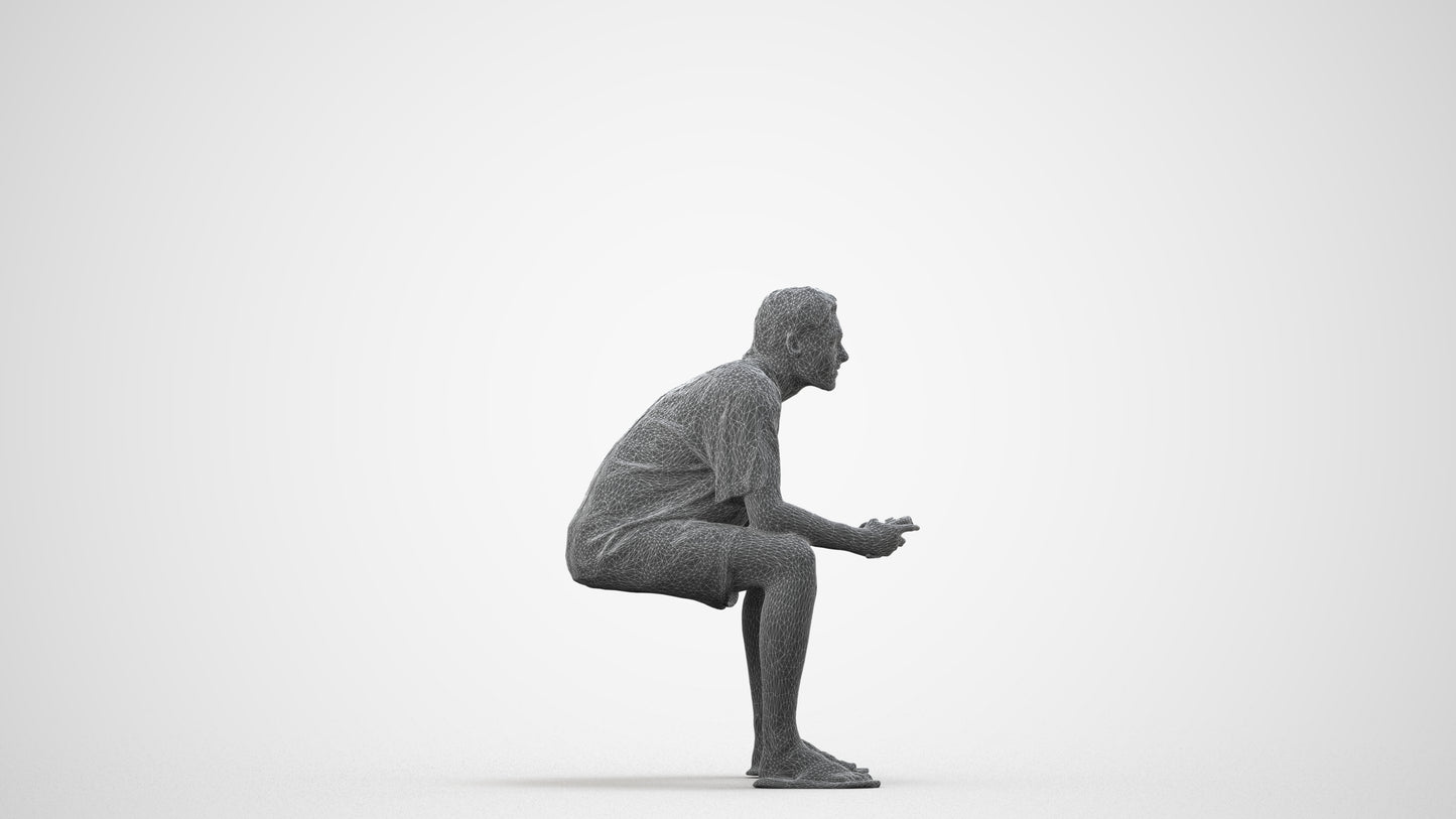 scanned 3D man casual sitting, photogrammetry people for Enscape and V-Ray, wireframe side view