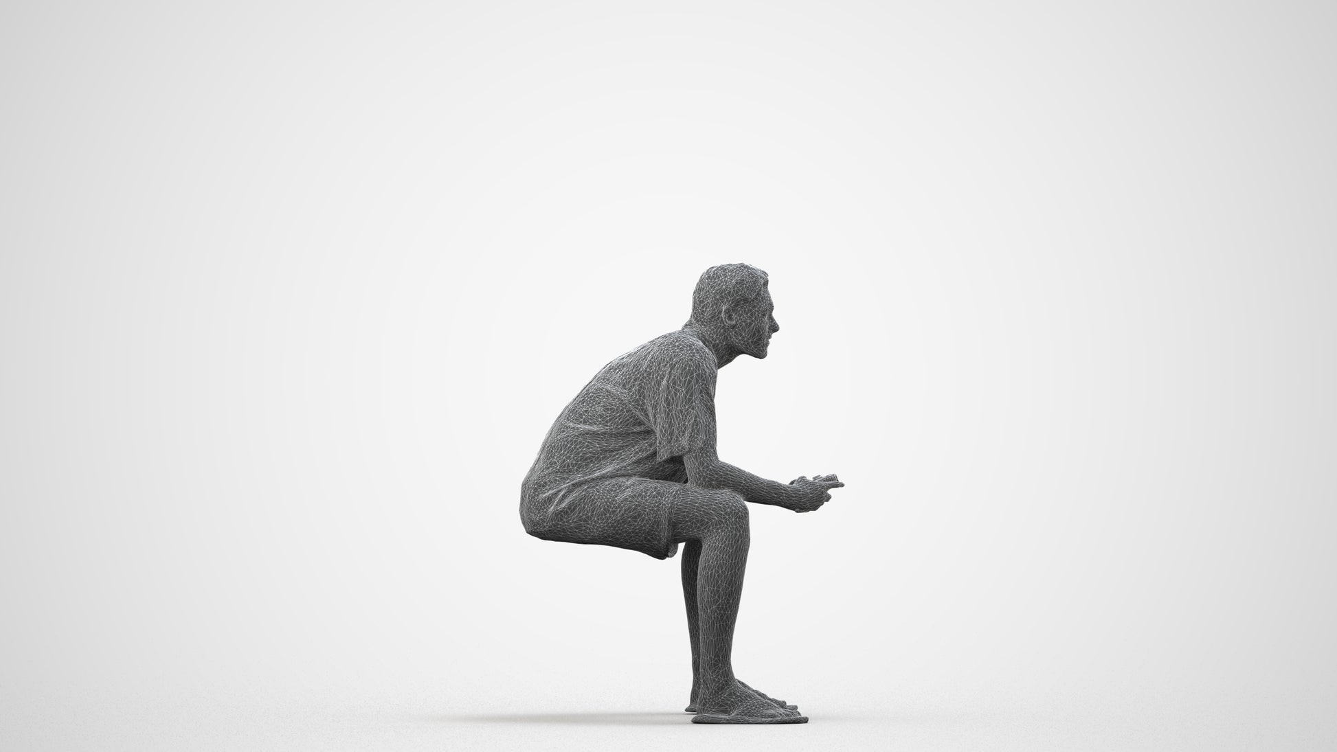 scanned 3D man casual sitting, photogrammetry people for Enscape and V-Ray, wireframe side view