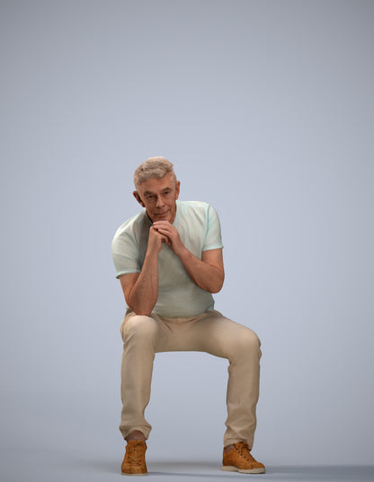 realistic 3D senior man casual sitting, scanned archviz people for Blender and 3ds Max