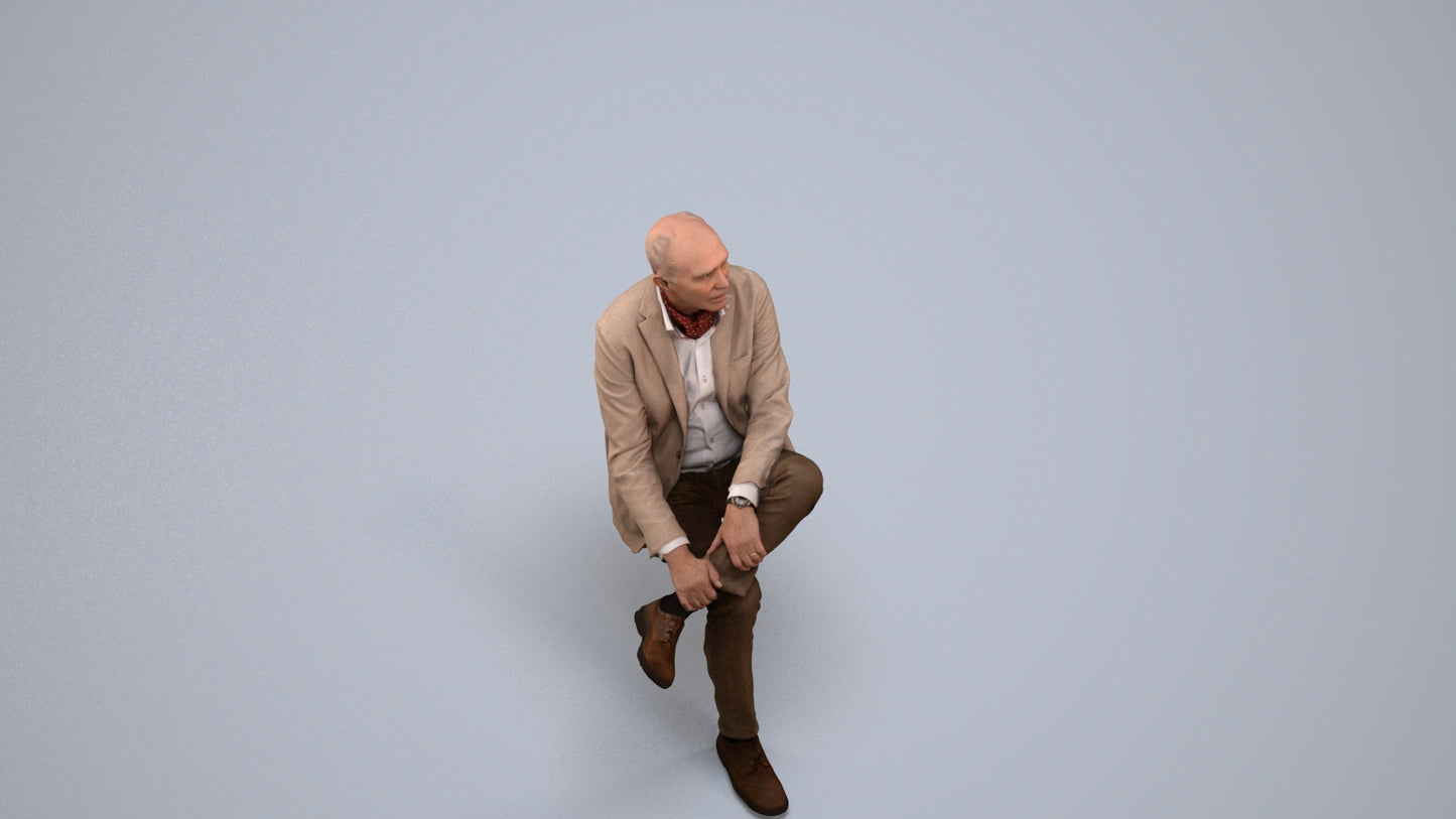 scanned 3D senior man business sitting, photogrammetry people for Enscape and V-Ray, back view render