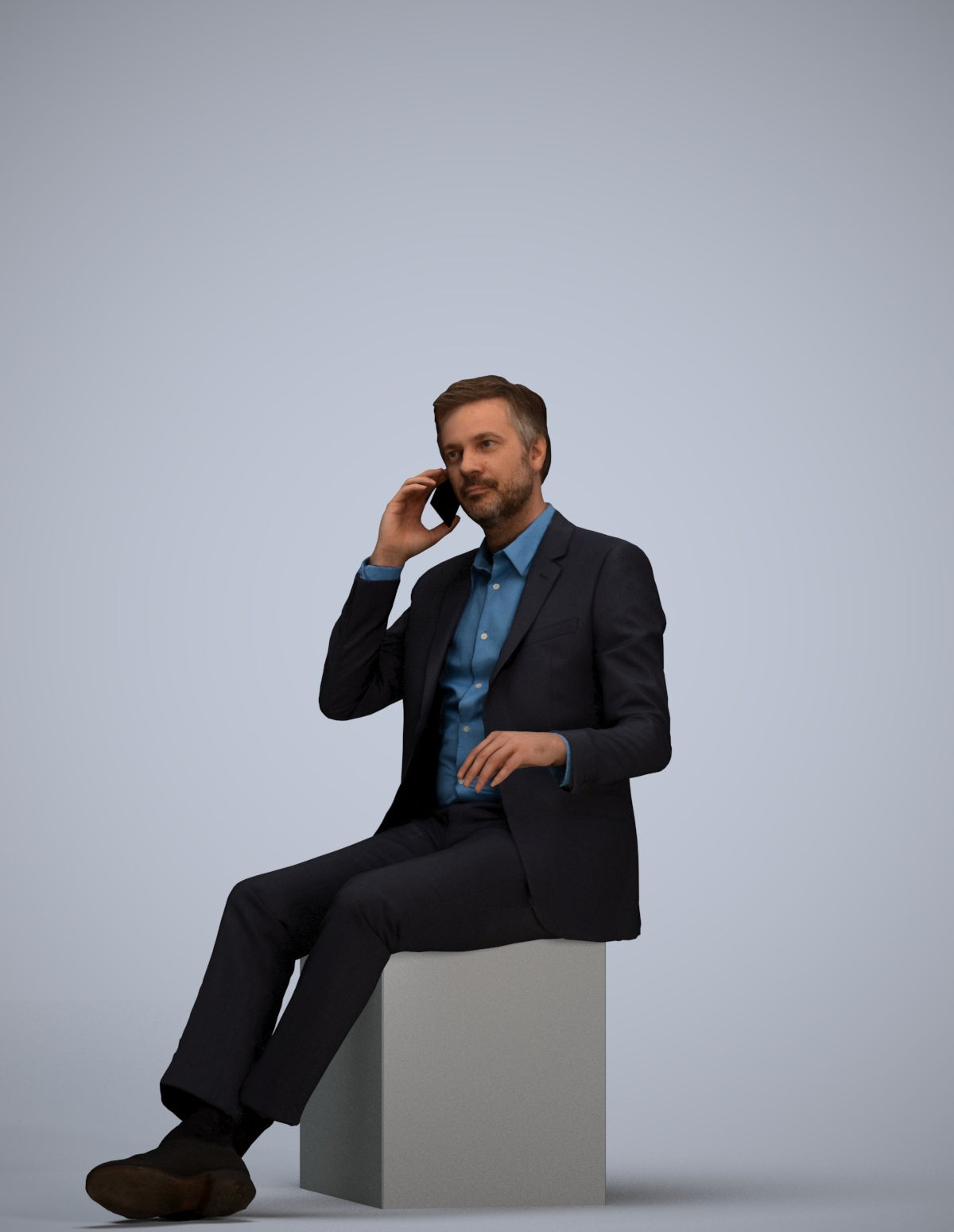 3D human model man business sitting, photogrammetry scanned person for archviz