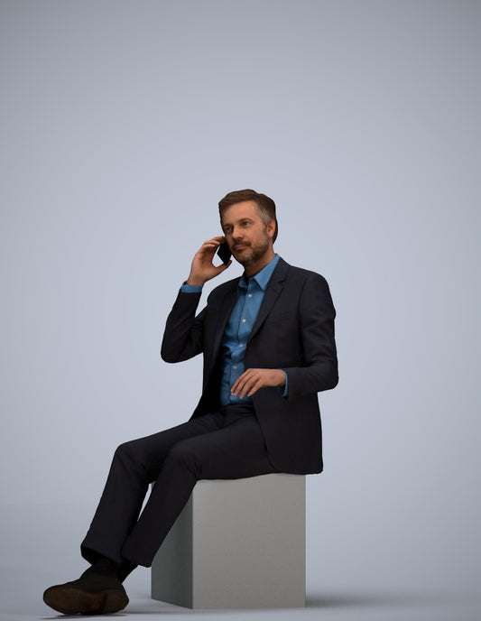 3D human model man business sitting, photogrammetry scanned person for archviz