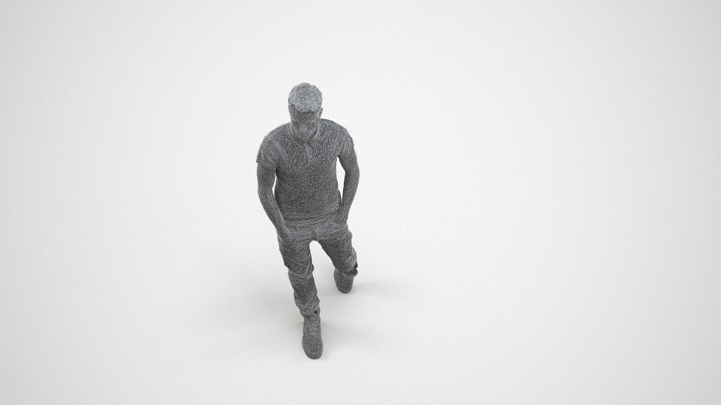 3D people model man casual walking, scanned human for 3ds Max rendering, wireframe three-quarter view
