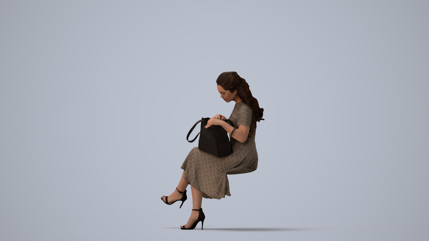 3D people model woman casual sitting, scanned human for 3ds Max rendering, three-quarter view render