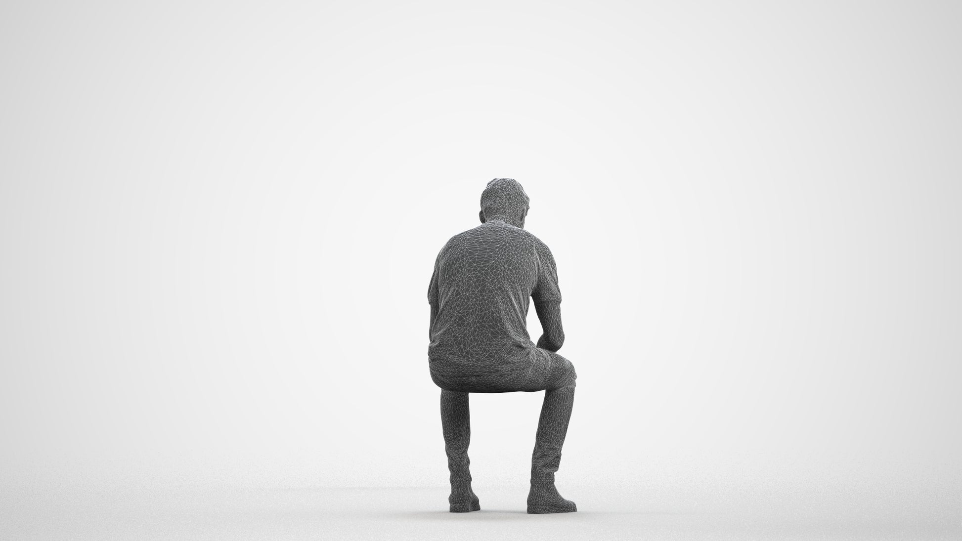 photogrammetry 3D man casual sitting, realistic human model archviz FBX, wireframe front view