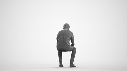 photogrammetry 3D man casual sitting, realistic human model archviz FBX, wireframe front view