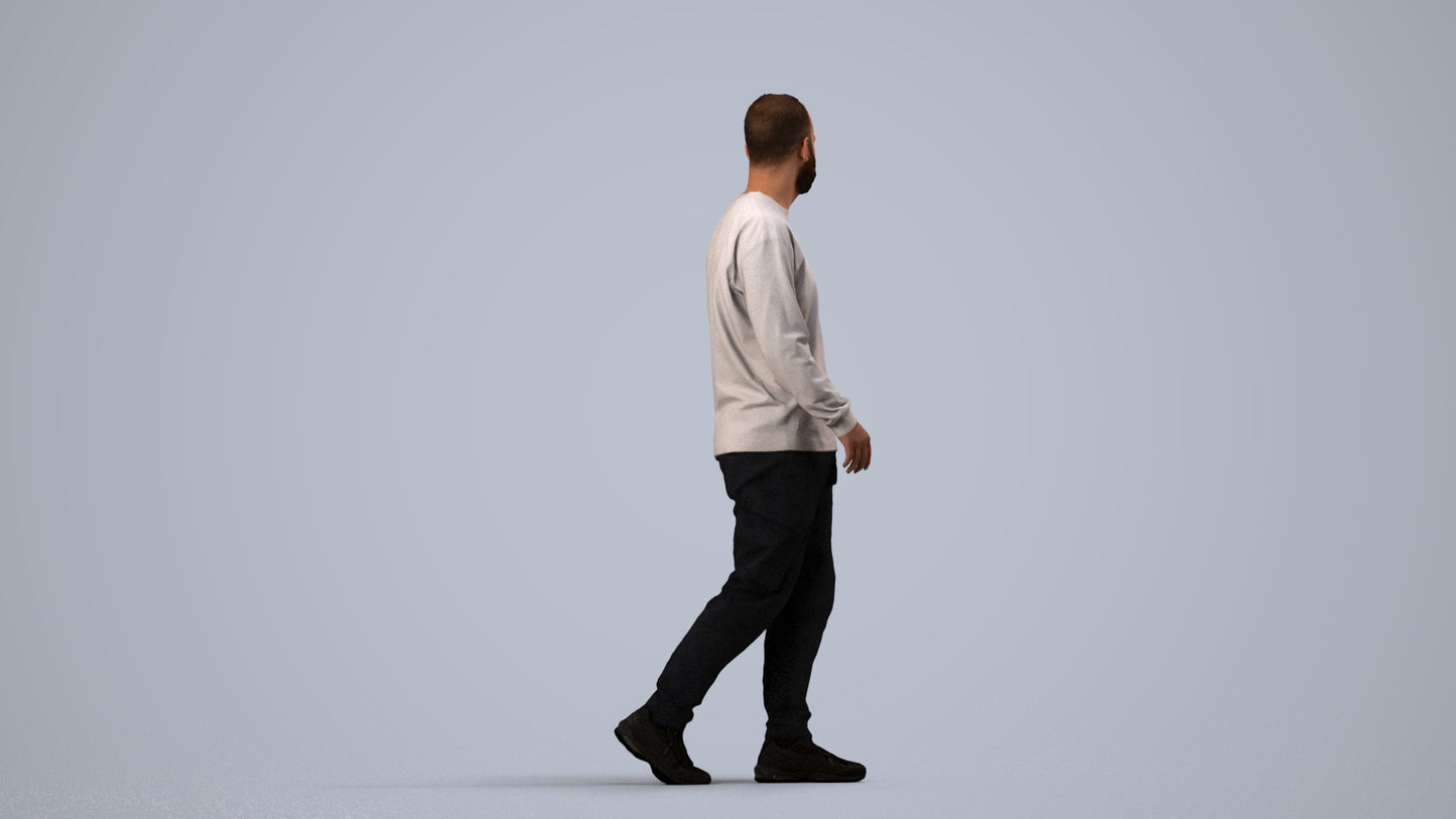 3D scanned man walking casual, photorealistic archviz people for Enscape and SketchUp, side view render