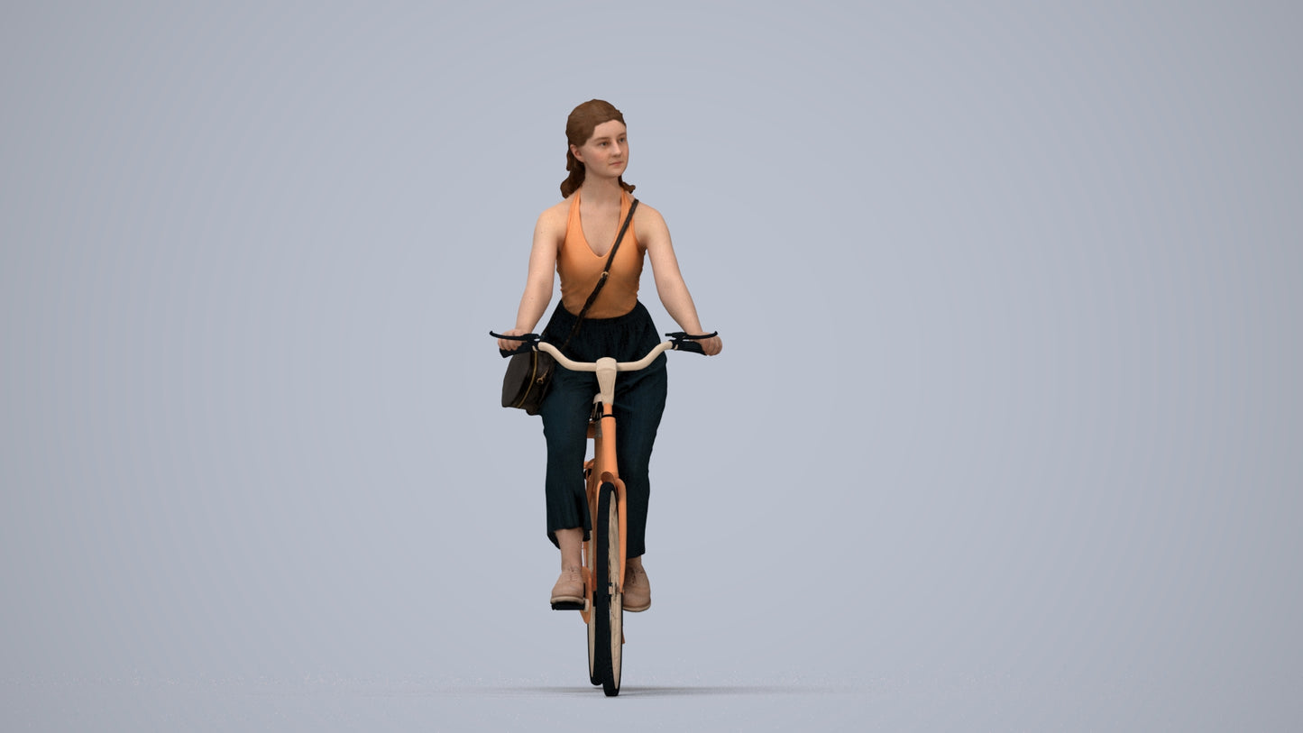realistic 3D human girl casual cycling, archviz people FBX OBJ for Blender, top-down view render