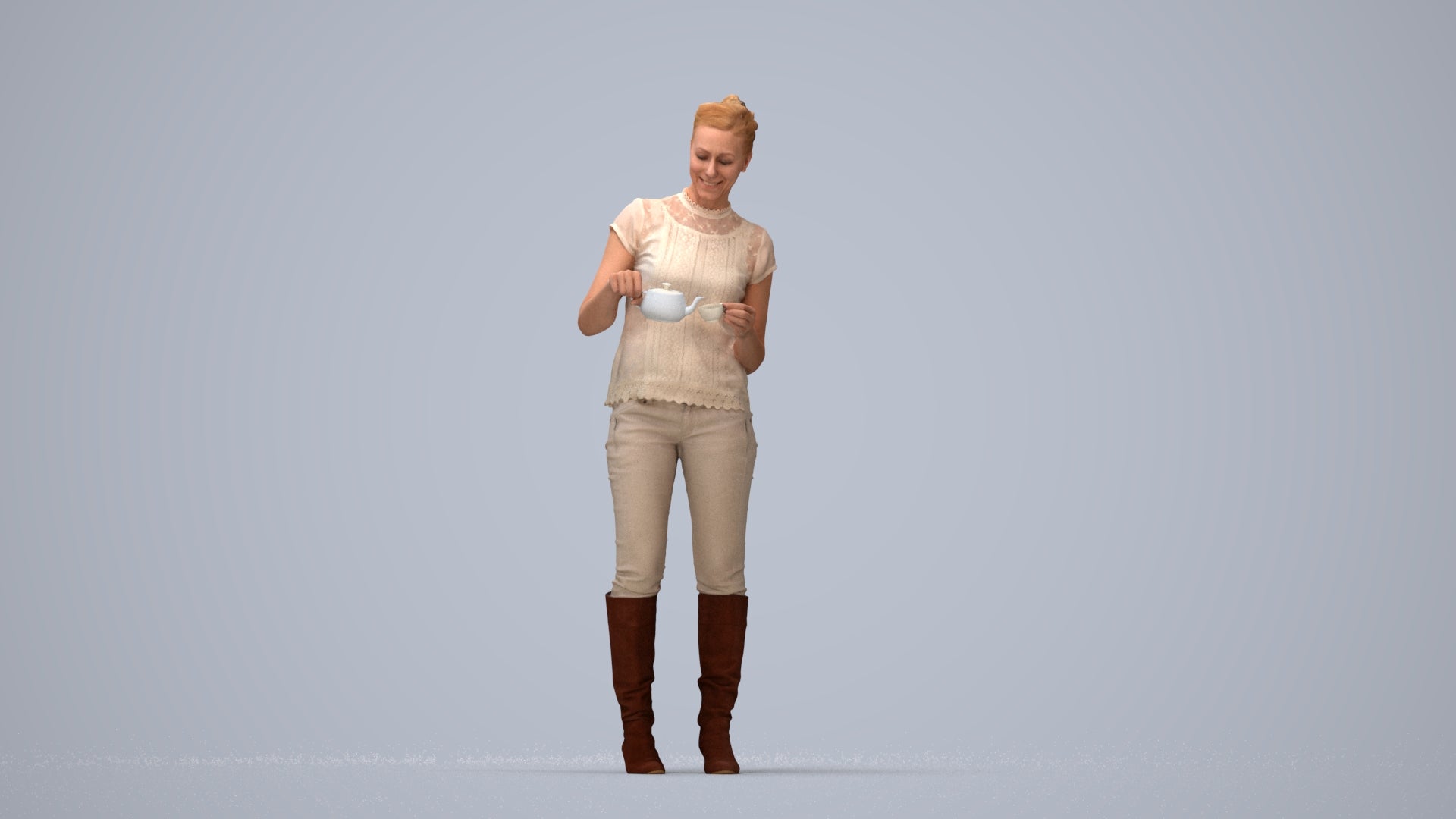 realistic 3D woman casual standing, scanned archviz people for Blender and 3ds Max, top-down view render