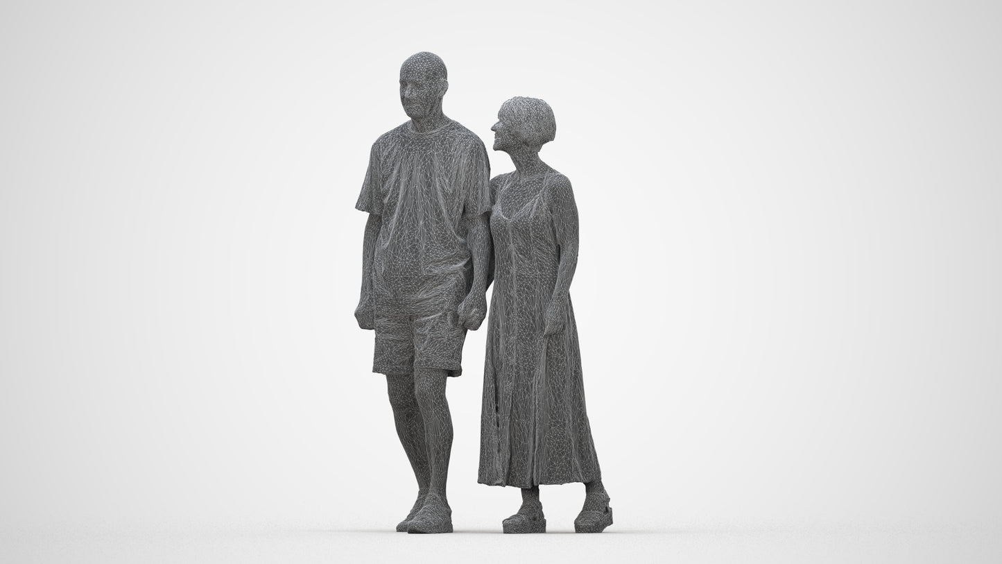 3D scanned senior woman couple casual, photorealistic archviz people for Enscape and SketchUp, wireframe back view