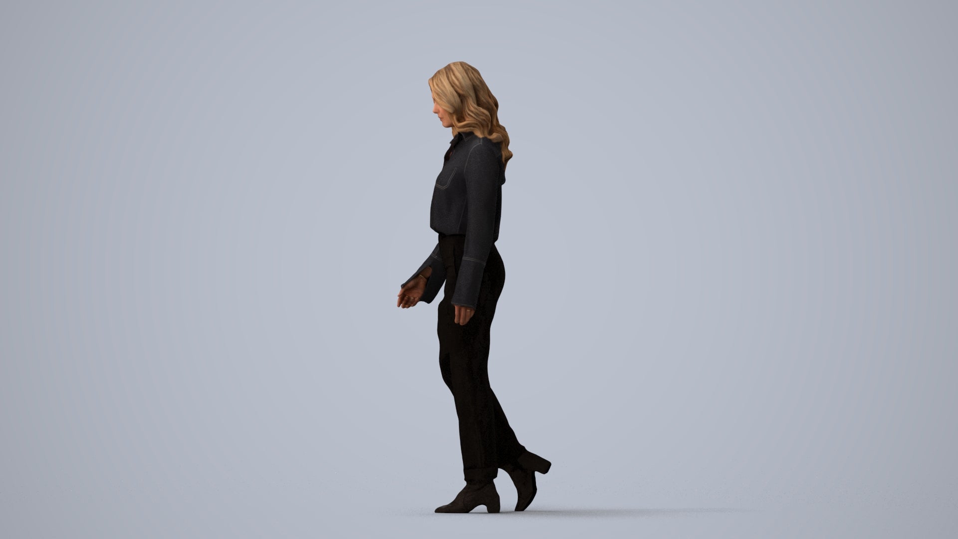 3D scanned woman walking business, photorealistic archviz people for Enscape and SketchUp, three-quarter view render