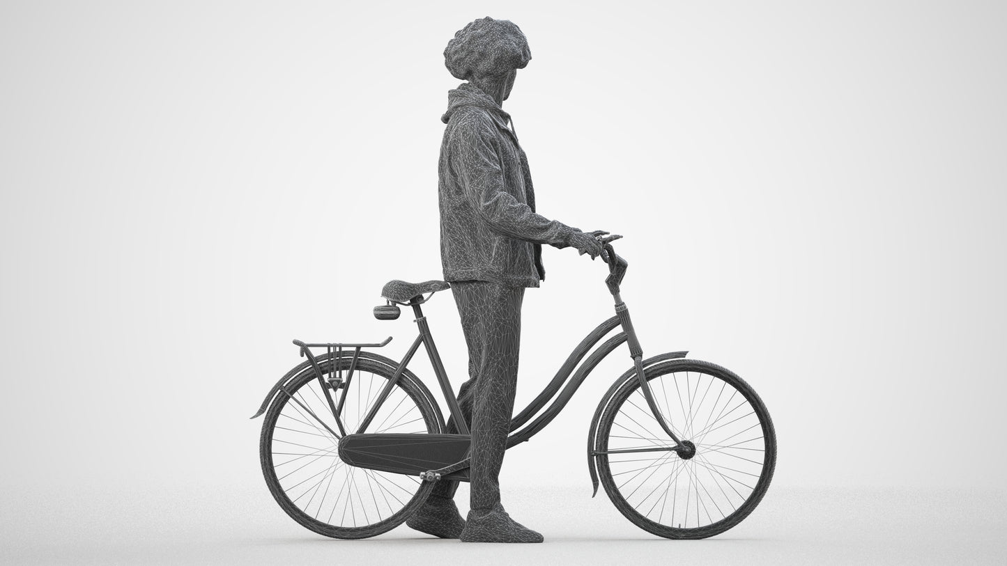 3D human model man casual cycling, photogrammetry scanned person for archviz, wireframe side view