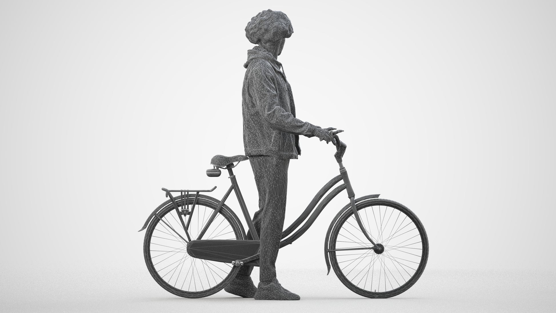 3D human model man casual cycling, photogrammetry scanned person for archviz, wireframe side view