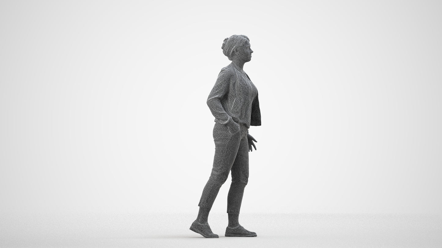 3D human model woman casual walking, photogrammetry scanned person for archviz, wireframe side view