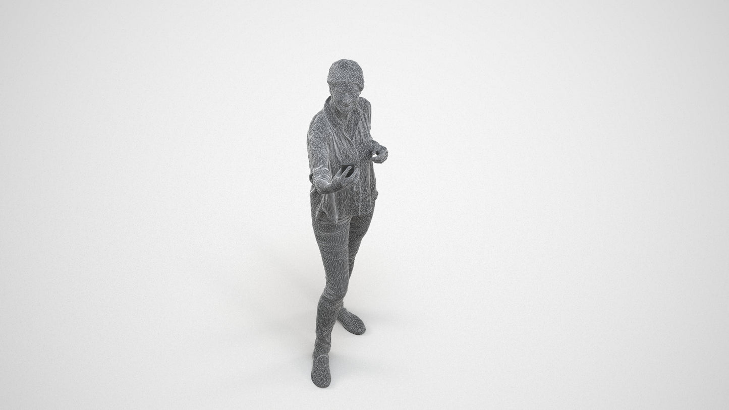 3D people model woman casual standing, scanned human for 3ds Max rendering, wireframe three-quarter view