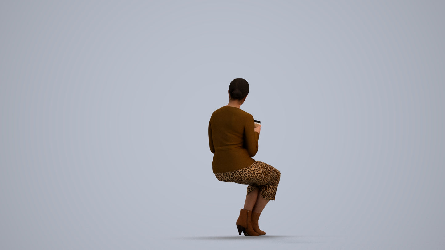 3D scanned woman sitting casual, photorealistic archviz people for Enscape and SketchUp, front view render