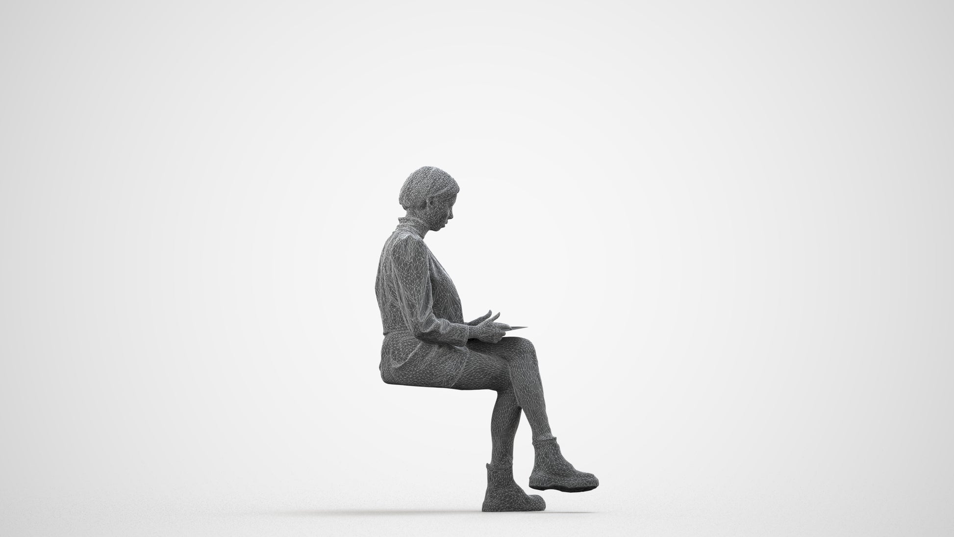 realistic 3D woman business sitting, scanned archviz people for Blender and 3ds Max, wireframe side view