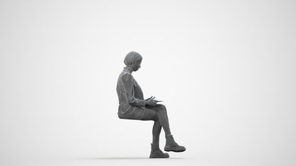 realistic 3D woman business sitting, scanned archviz people for Blender and 3ds Max, wireframe side view