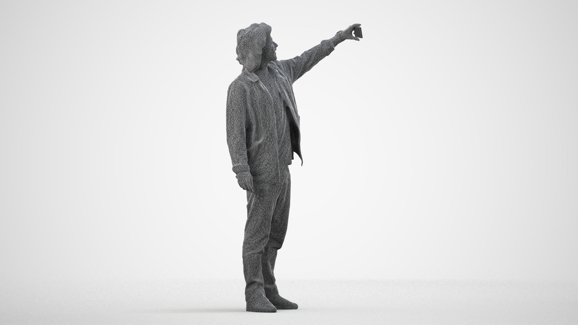 3D human model man casual standing, photogrammetry scanned person for archviz, wireframe side view