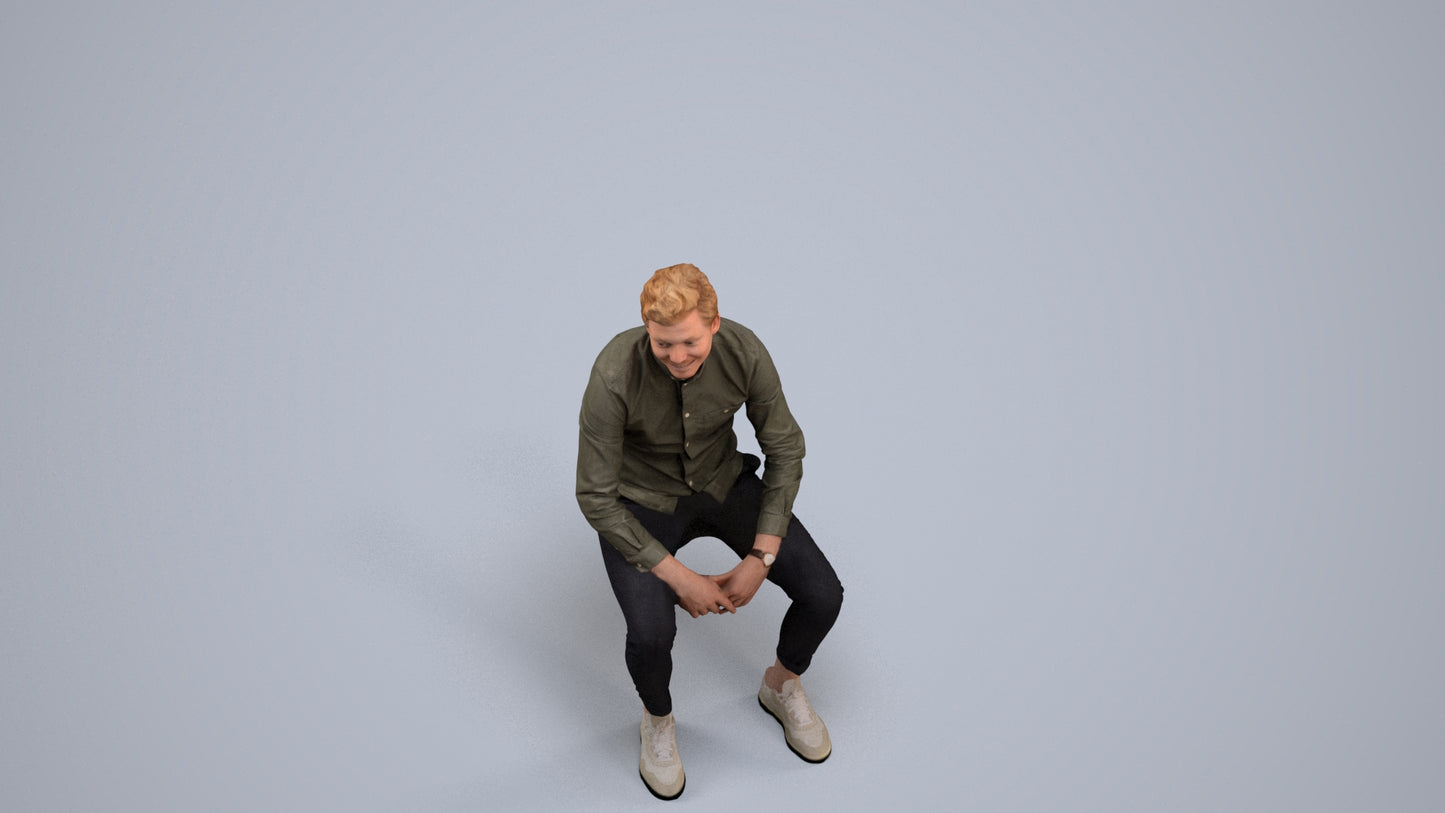 realistic 3D man casual sitting, scanned archviz people for Blender and 3ds Max, back view render