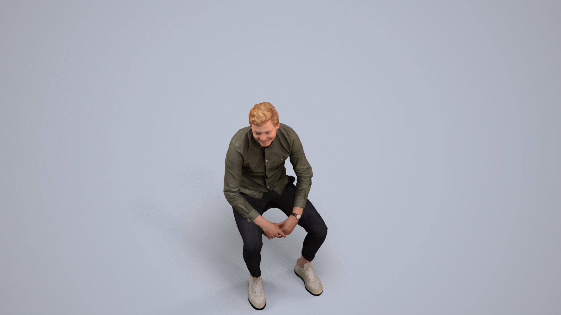 realistic 3D man casual sitting, scanned archviz people for Blender and 3ds Max, back view render