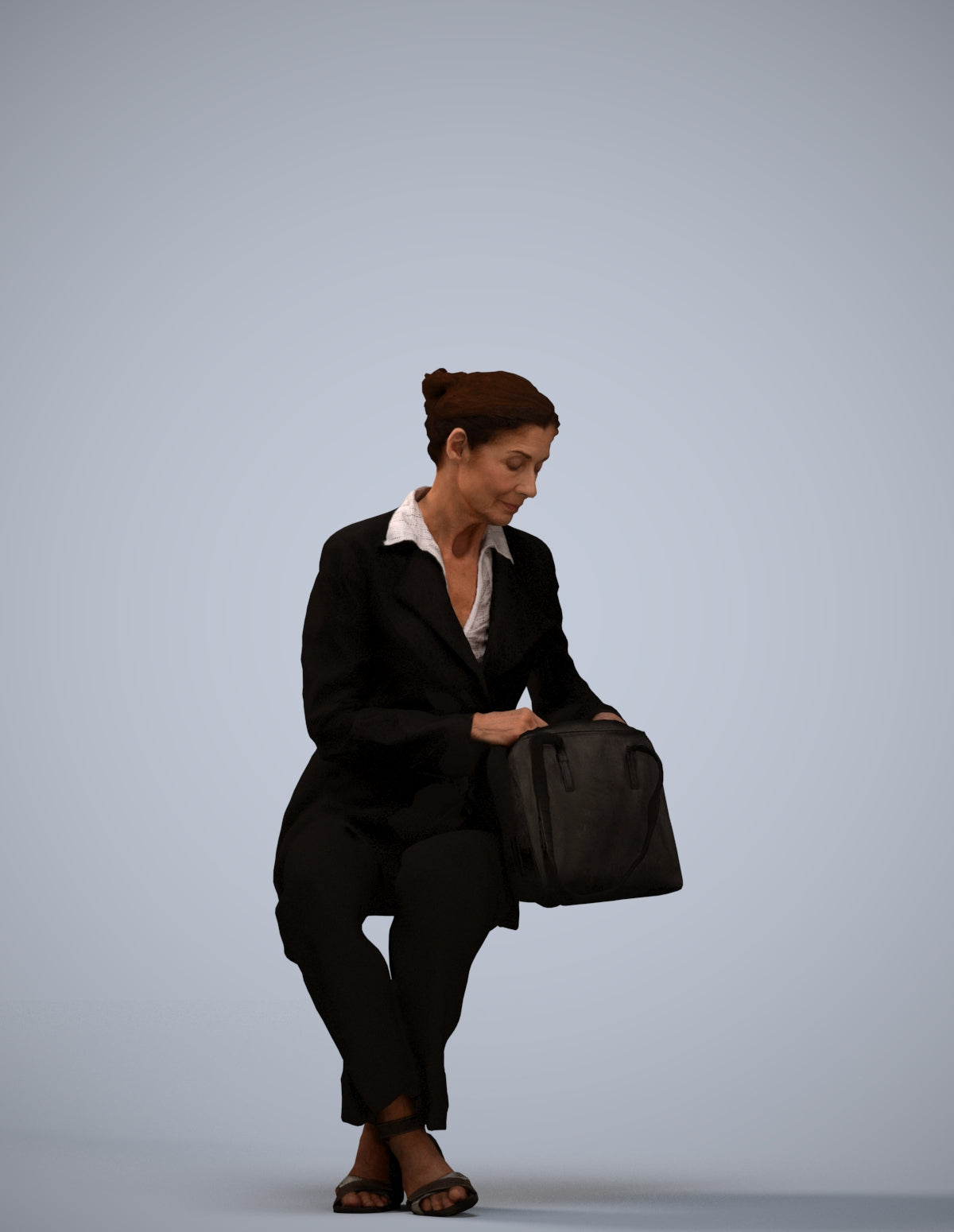 3D human model senior woman business sitting, photogrammetry scanned person for archviz