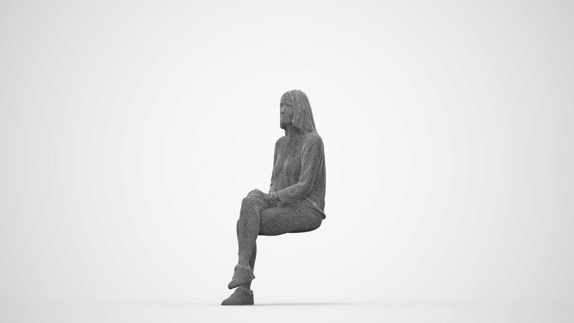realistic 3D human woman casual sitting, archviz people FBX OBJ for Blender, wireframe back view
