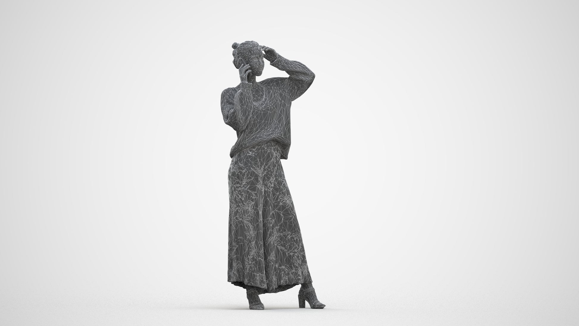 3D human model woman casual standing, photogrammetry scanned person for archviz, three-quarter front view render