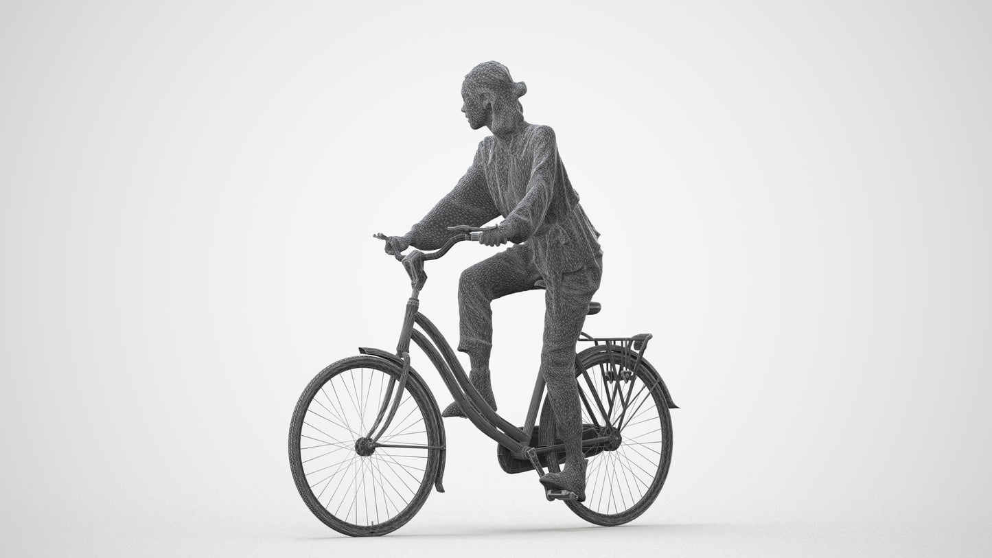 3D human model woman casual cycling, photogrammetry scanned person for archviz, square thumbnail