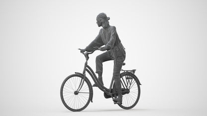 3D human model woman casual cycling, photogrammetry scanned person for archviz, square thumbnail
