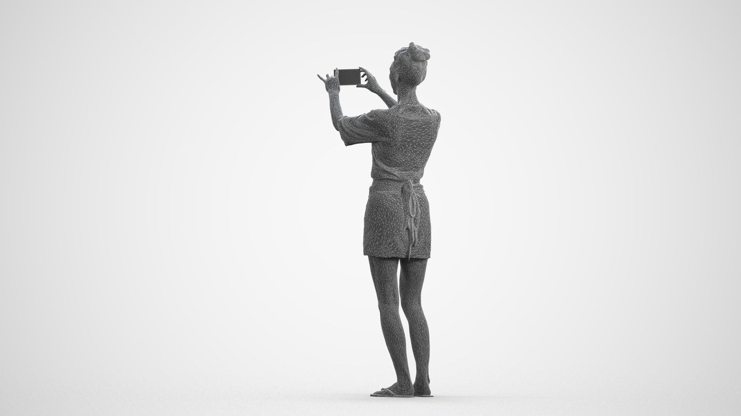 3D human model woman casual standing, photogrammetry scanned person for archviz, wireframe front view