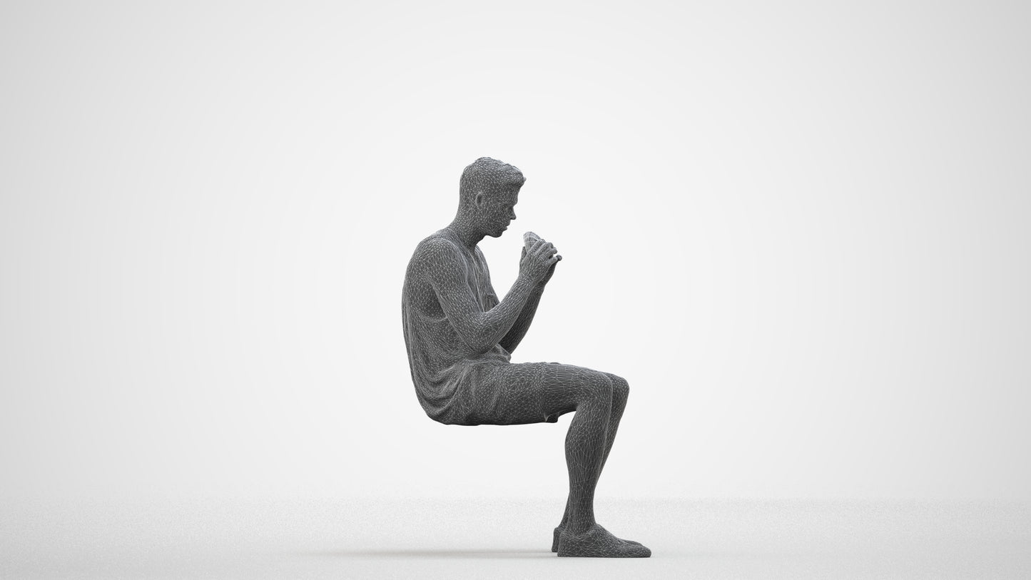 3D scanned man sitting casual, photorealistic archviz people for Enscape and SketchUp, wireframe side view