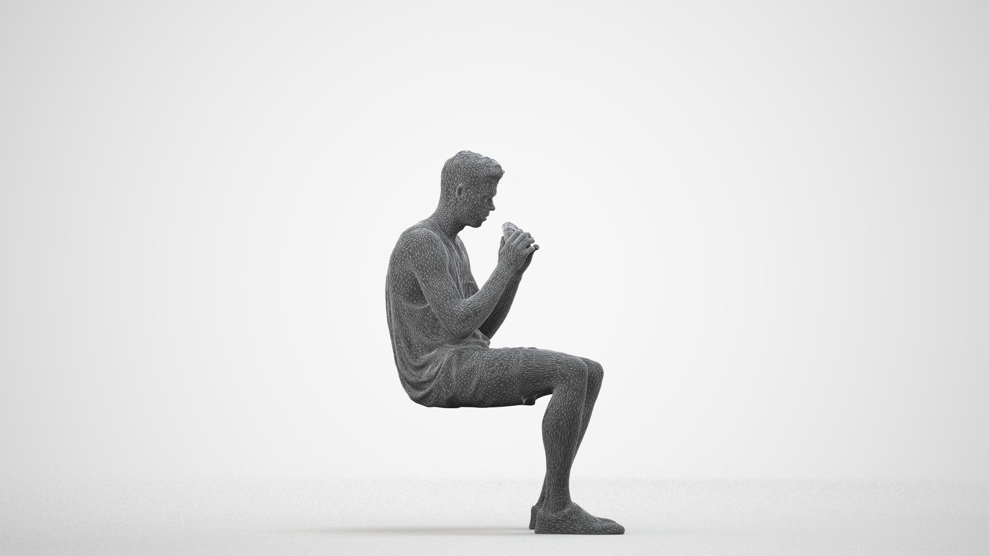 3D scanned man sitting casual, photorealistic archviz people for Enscape and SketchUp, wireframe side view