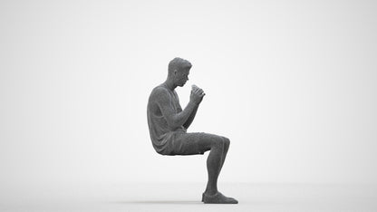 3D scanned man sitting casual, photorealistic archviz people for Enscape and SketchUp, wireframe side view