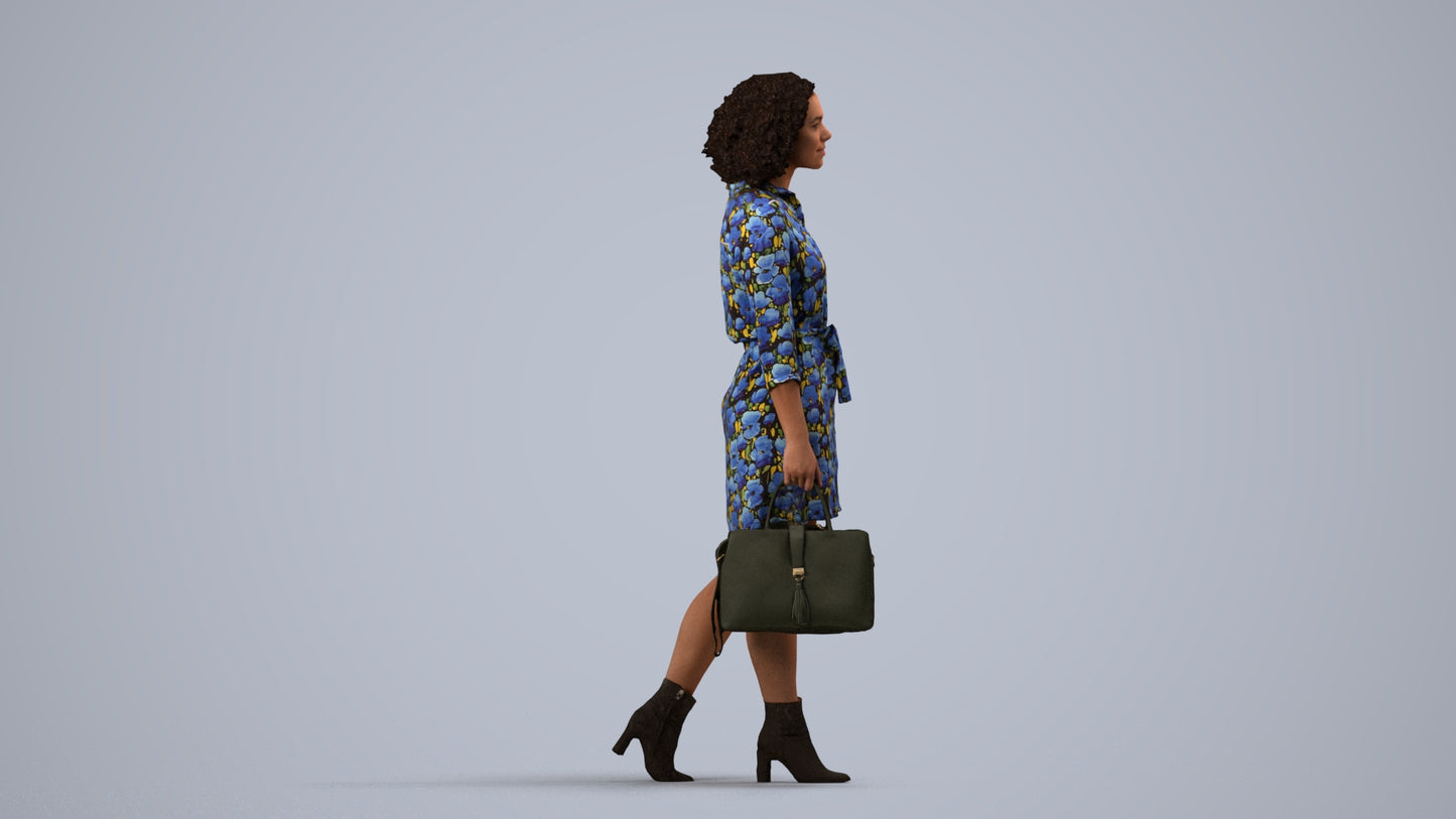3D scanned woman walking casual, photorealistic archviz people for Enscape and SketchUp, side view render
